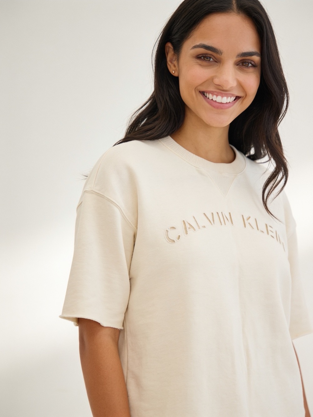 Calvin Klein Neutral Cream Embossed Logo Short Sleeve Sweatshirt